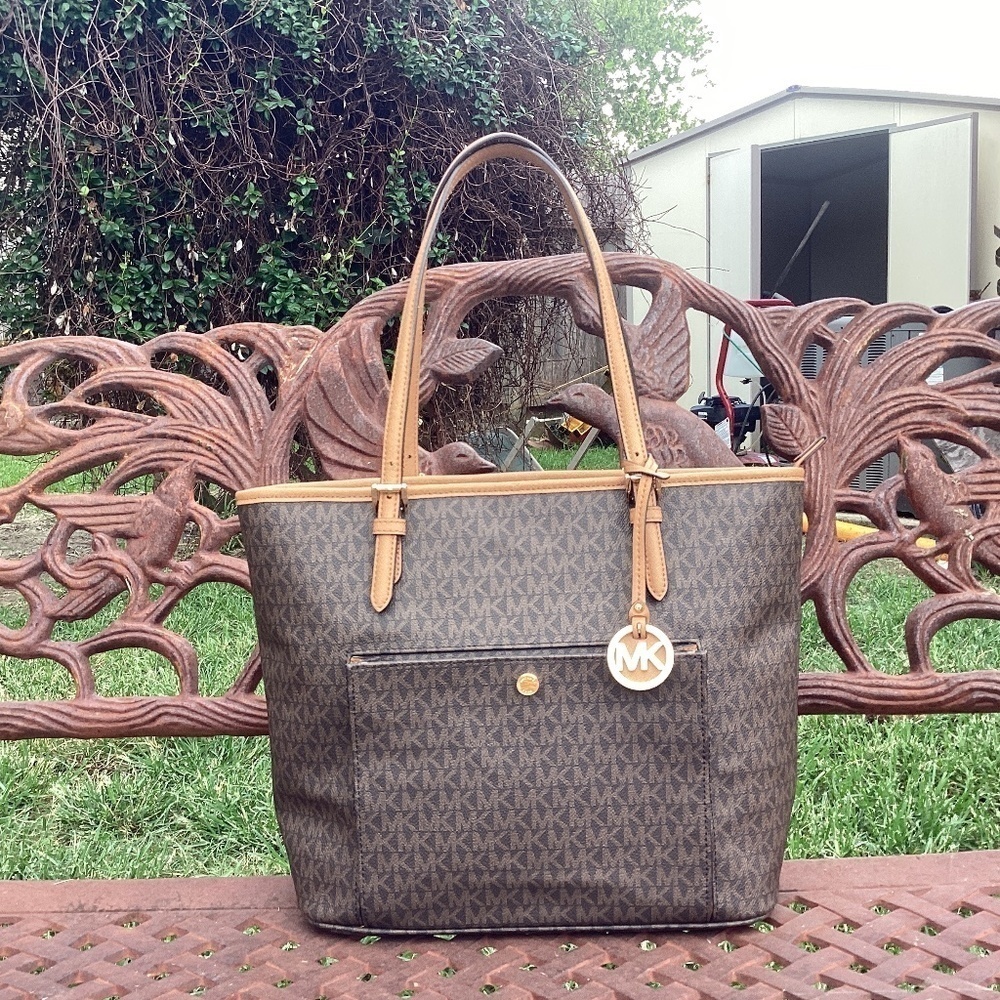 Michael Kors Jet Set Monogram Coated Canvas Brown Double Handle Large Tote Bag